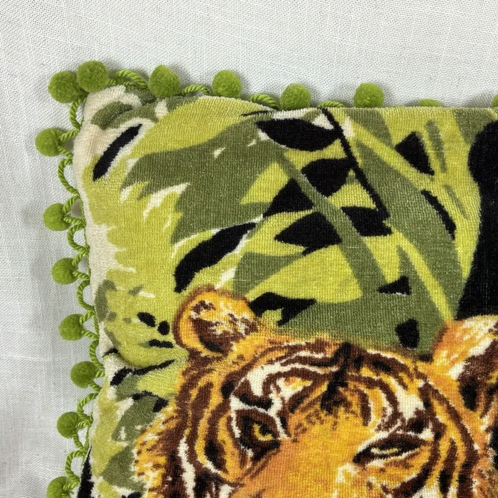 VTG 70s 80s Tiger Panther Throw Pillow Pom Pom Fringe Jungle Soft Handmade EUC